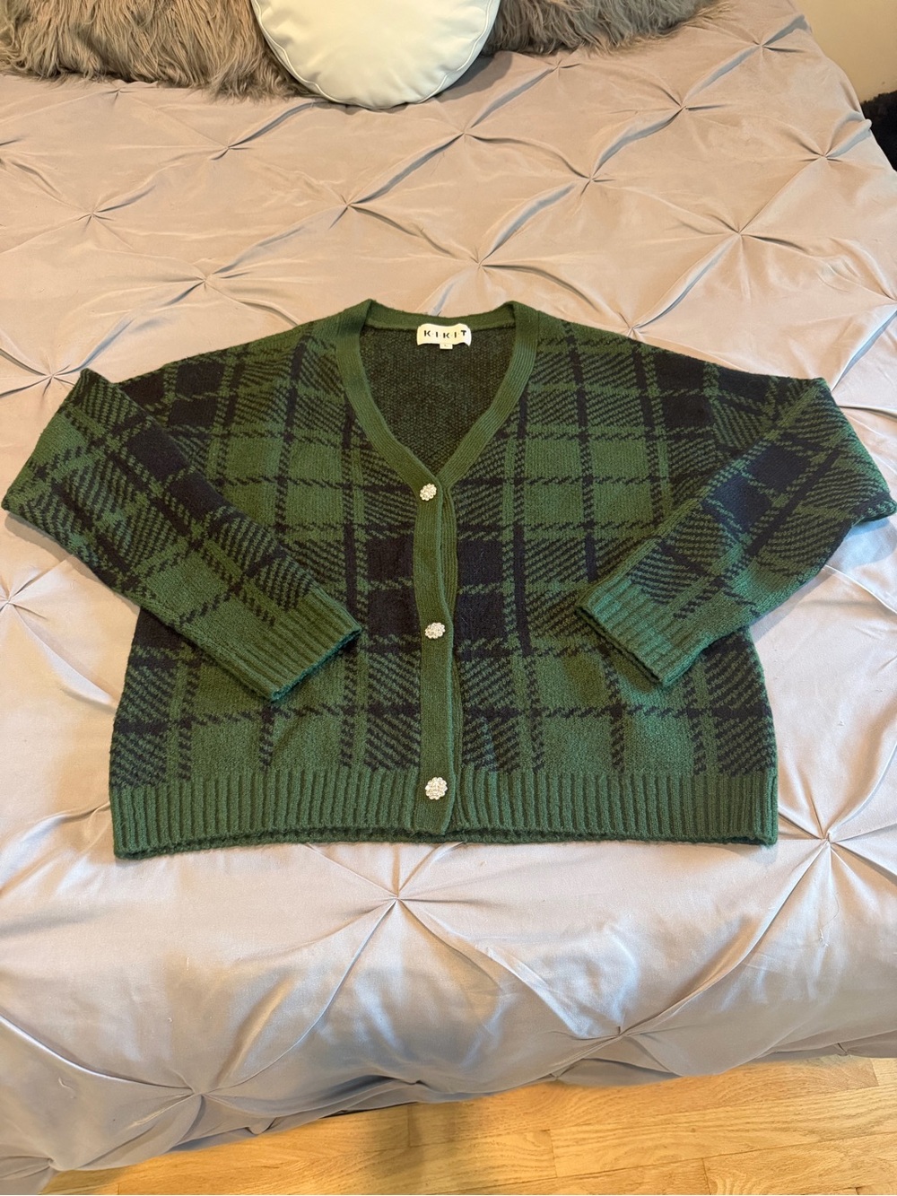 Green Plaid V-Neck Cardigan Sweater